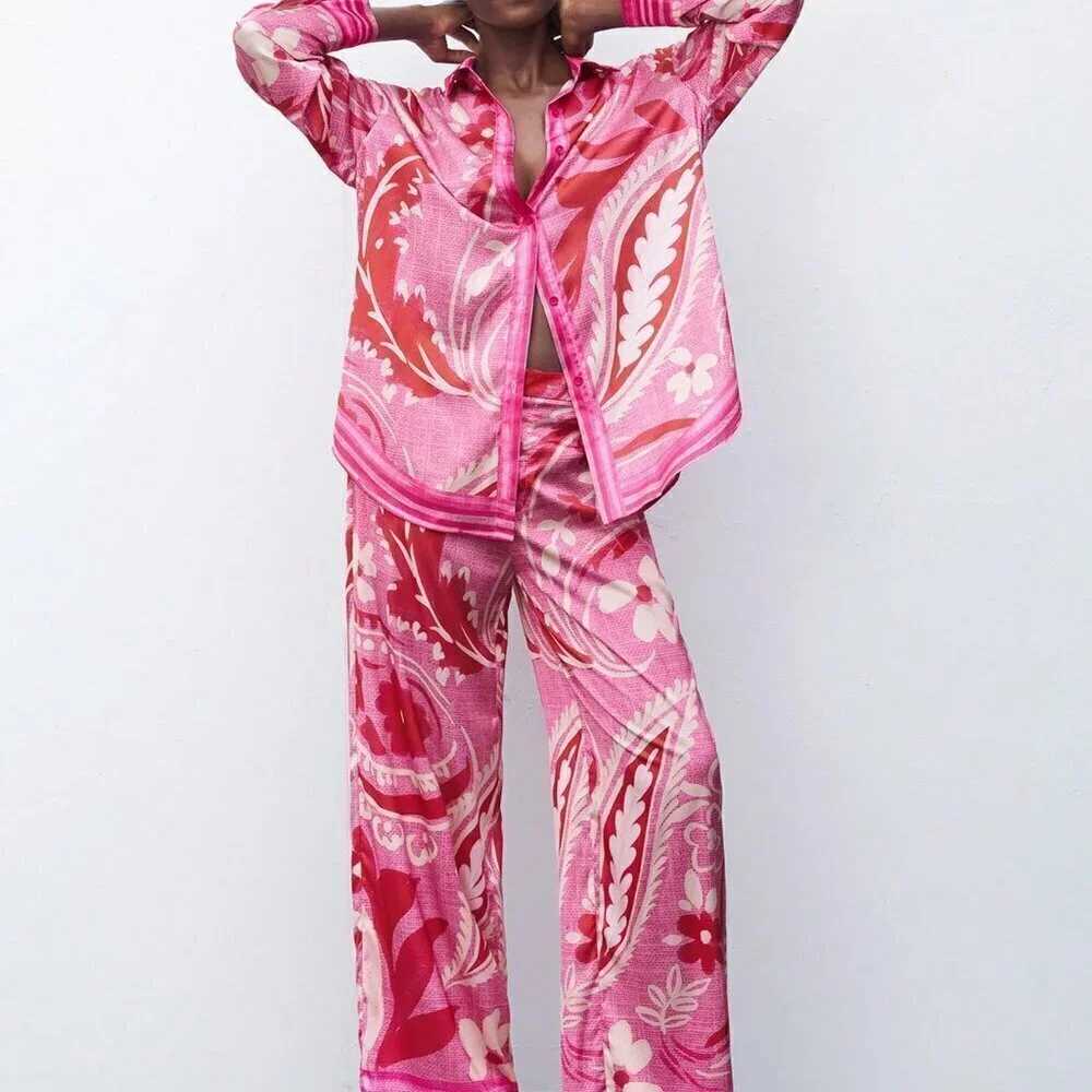 Hot Pink Casual Women's Floral Print Straight Leg Pants For Vacation - Picture 6 of 7